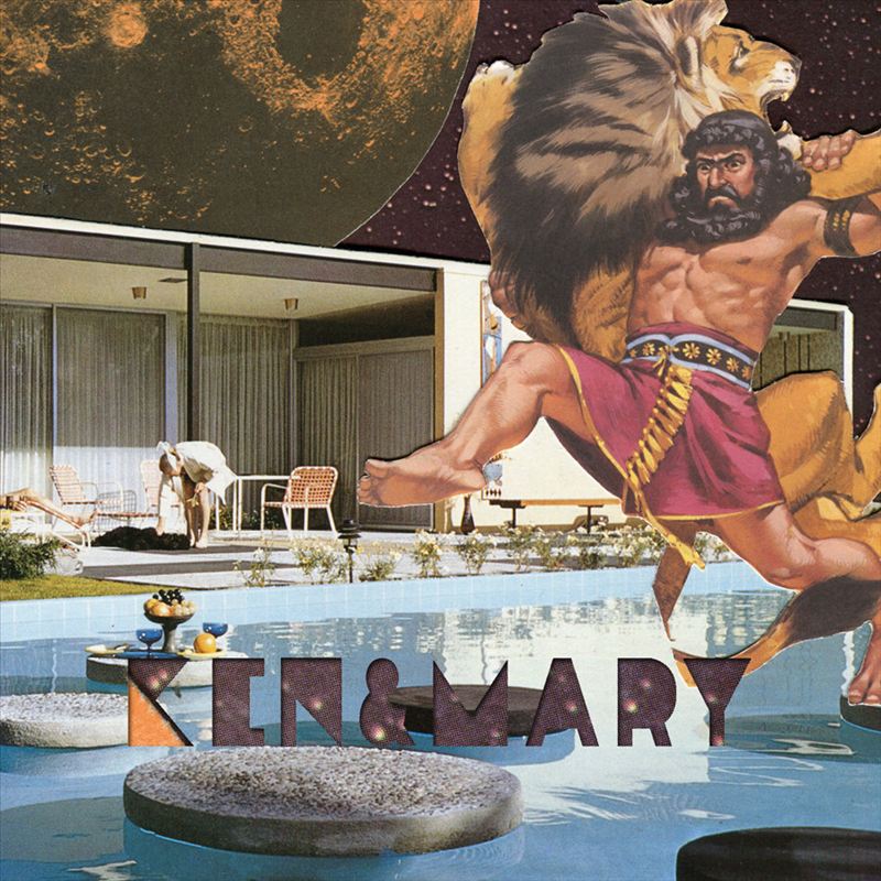 Delusions EP artwork: collage of a strongman carrying a lion past a modernist house